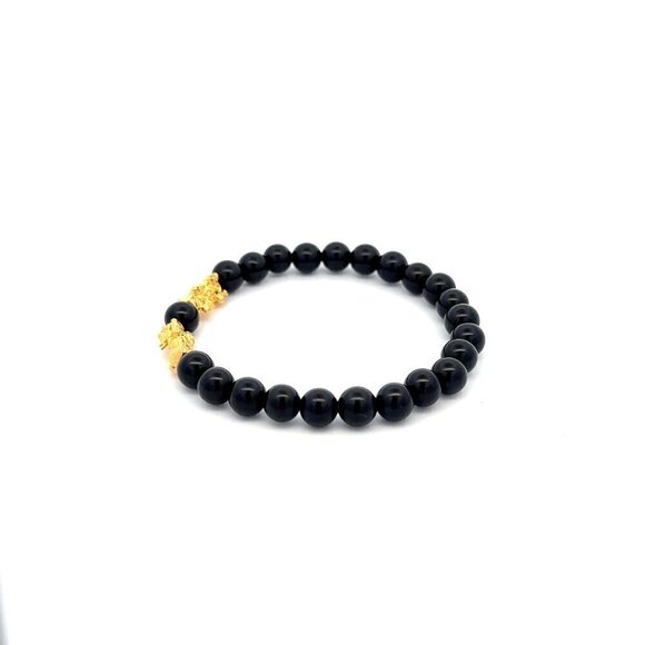 18K Gold Dragon Pixiu Double Piyao Lucky Charm Bracelet Gemstones Onyx 6mm - Picture 4 of 5